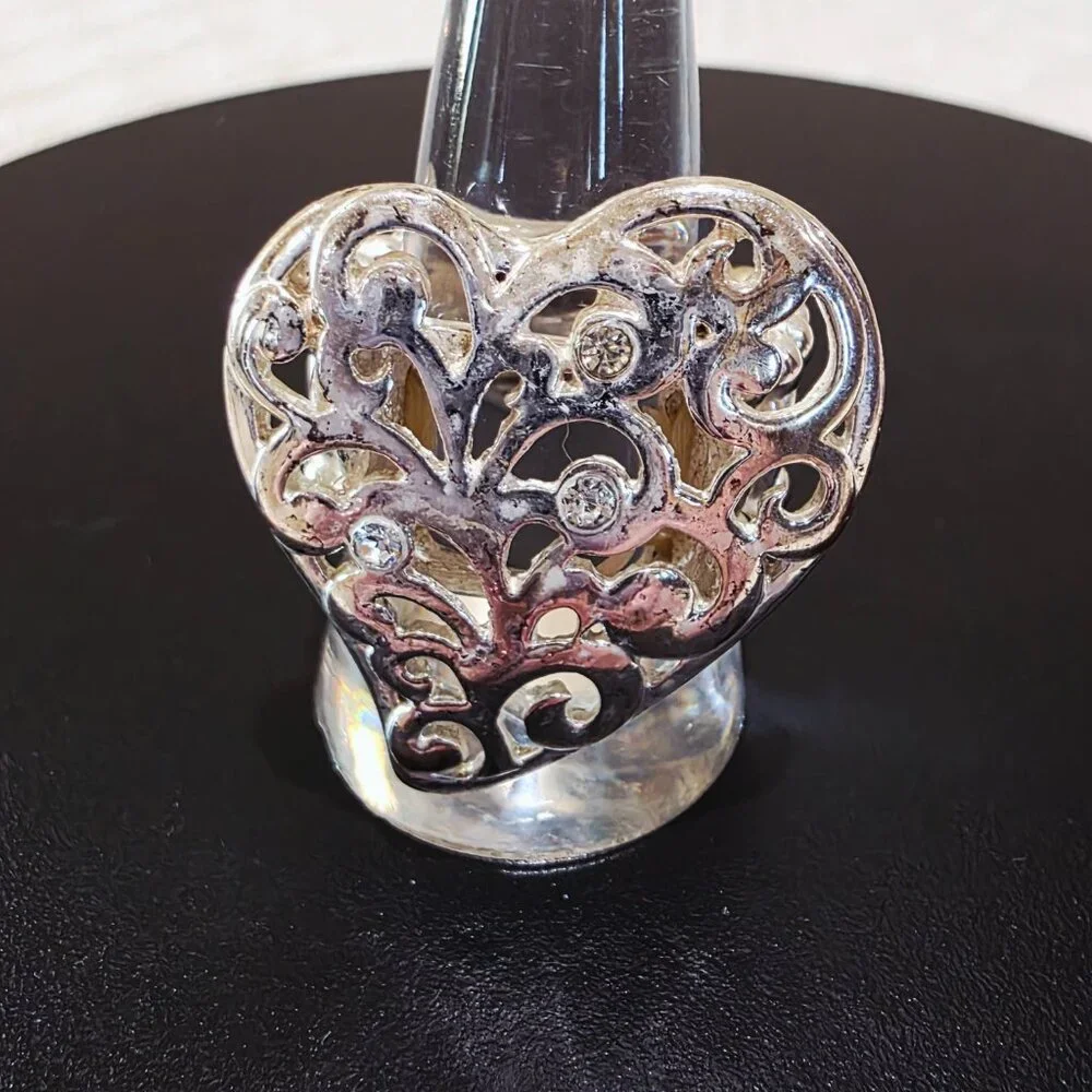 Vintage Silver Filigree Rhinestone Accent HEART Adjustable Fashion Ring SZ 9.5+